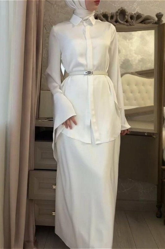 Vintage Satin Blouse with Fitted Skirt Two Piece Set