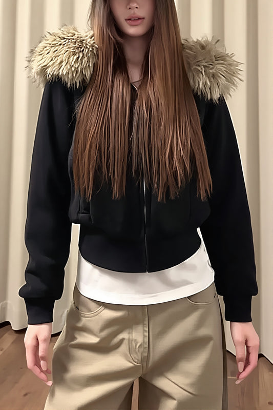 Plush Hood Fitted Cropped Zip Hoodie