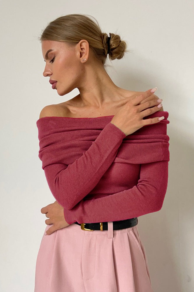 Sheer Off-Shoulder Fitted Solid Pullover Knit Top