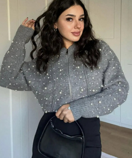 Faux Pearl Knit Bomber Cardigan