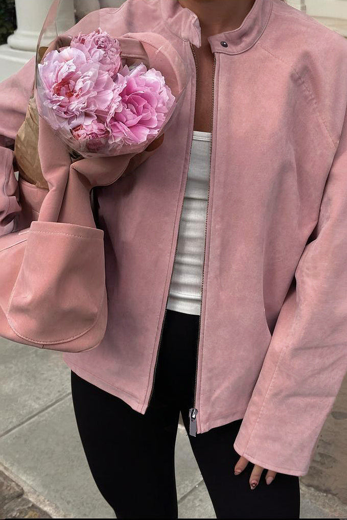 Suede Long Sleeve Solid Elegant Casual Coat Pink / S