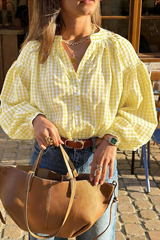 Gingham Balloon Sleeve Button Blouse