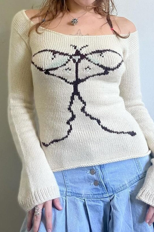Butterfly Jacquard Boat Neck Sweater