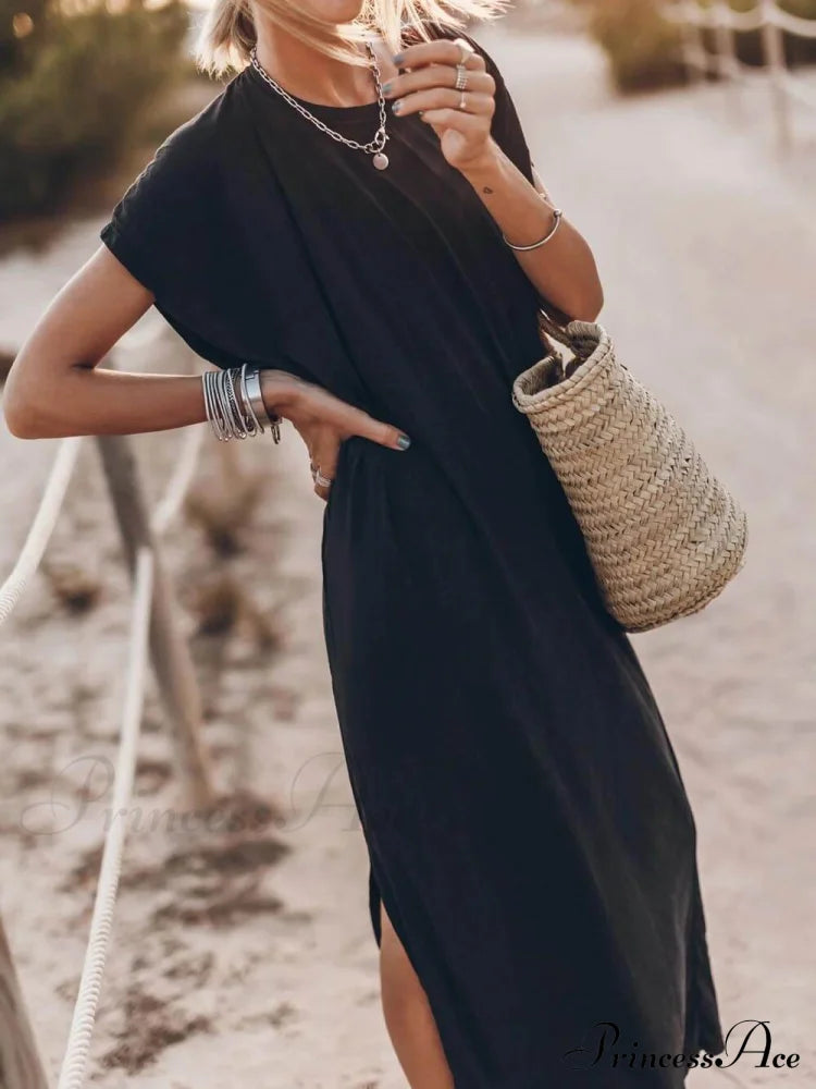 Effortless Open Sleeve Slit Graceful Oversized T-Shirt Midi Dress Dresses