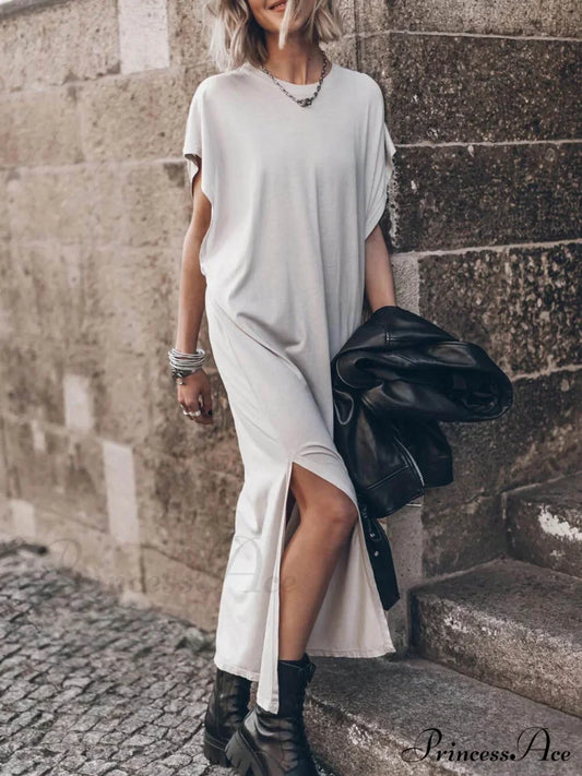 Effortless Open Sleeve Slit Graceful Oversized T-Shirt Midi Dress Light Grey / S Dresses