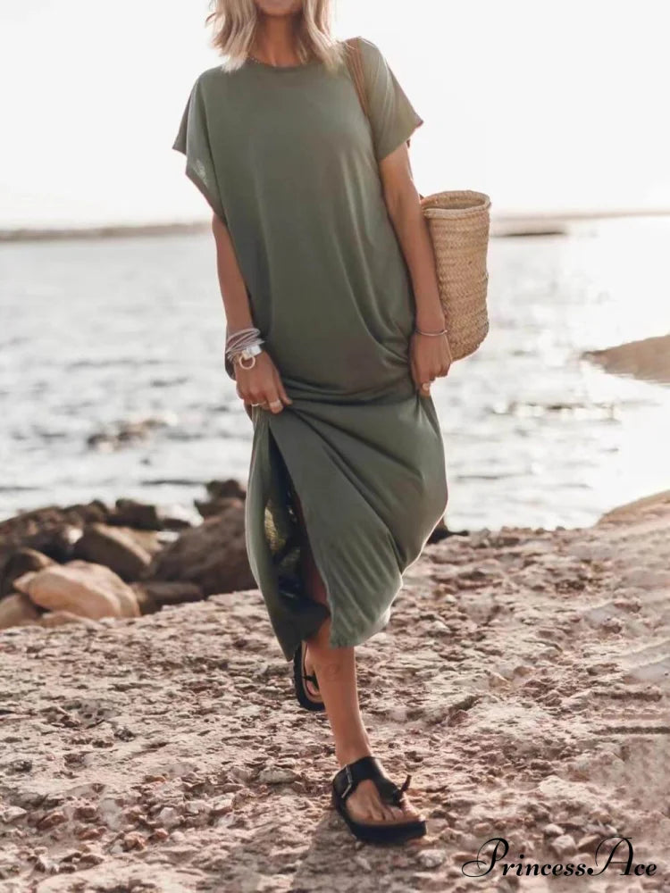 Effortless Open Sleeve Slit Graceful Oversized T-Shirt Midi Dress Olive / S Dresses