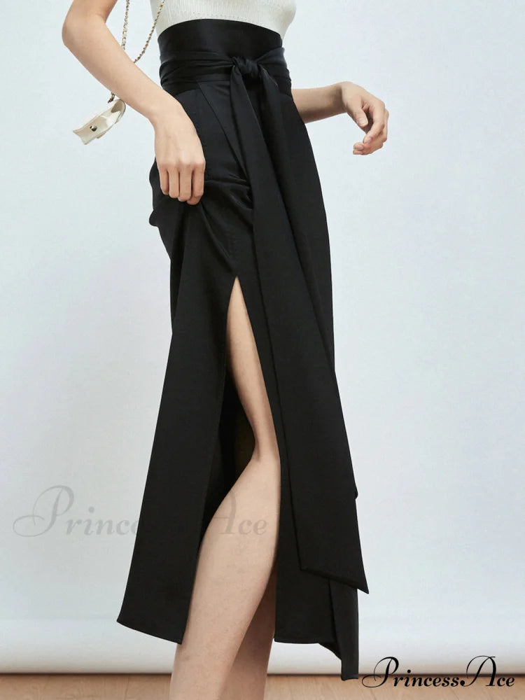 Effortless Tie Front Satin Modern Flowy Slit Midi Skirt Black / Xs Skirts