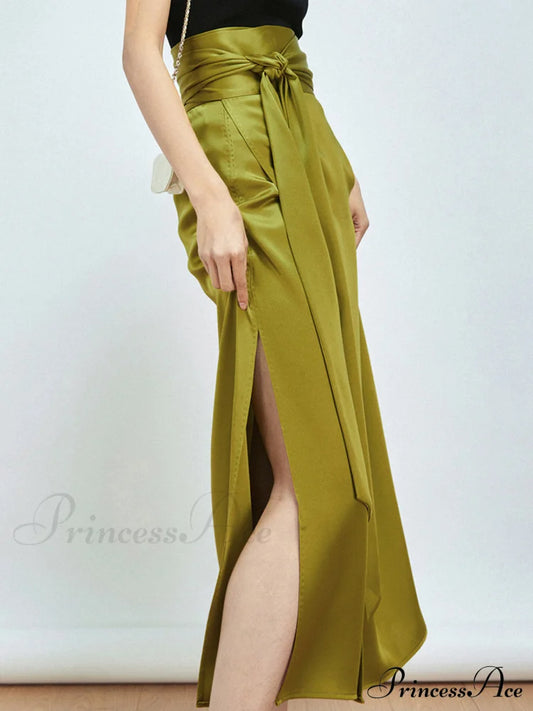 Effortless Tie Front Satin Modern Flowy Slit Midi Skirt Mustard / Xs Skirts