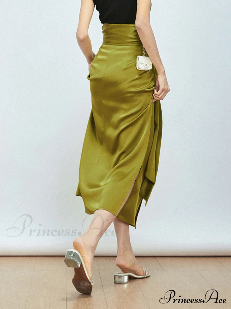 Effortless Tie Front Satin Modern Flowy Slit Midi Skirt Skirts