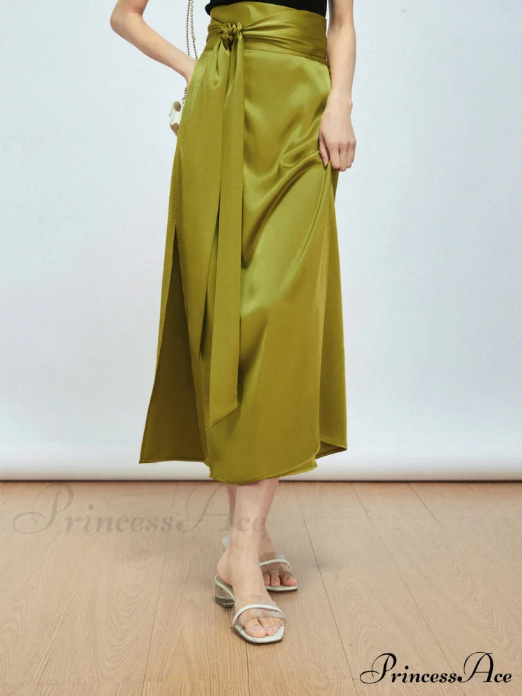 Effortless Tie Front Satin Modern Flowy Slit Midi Skirt Skirts