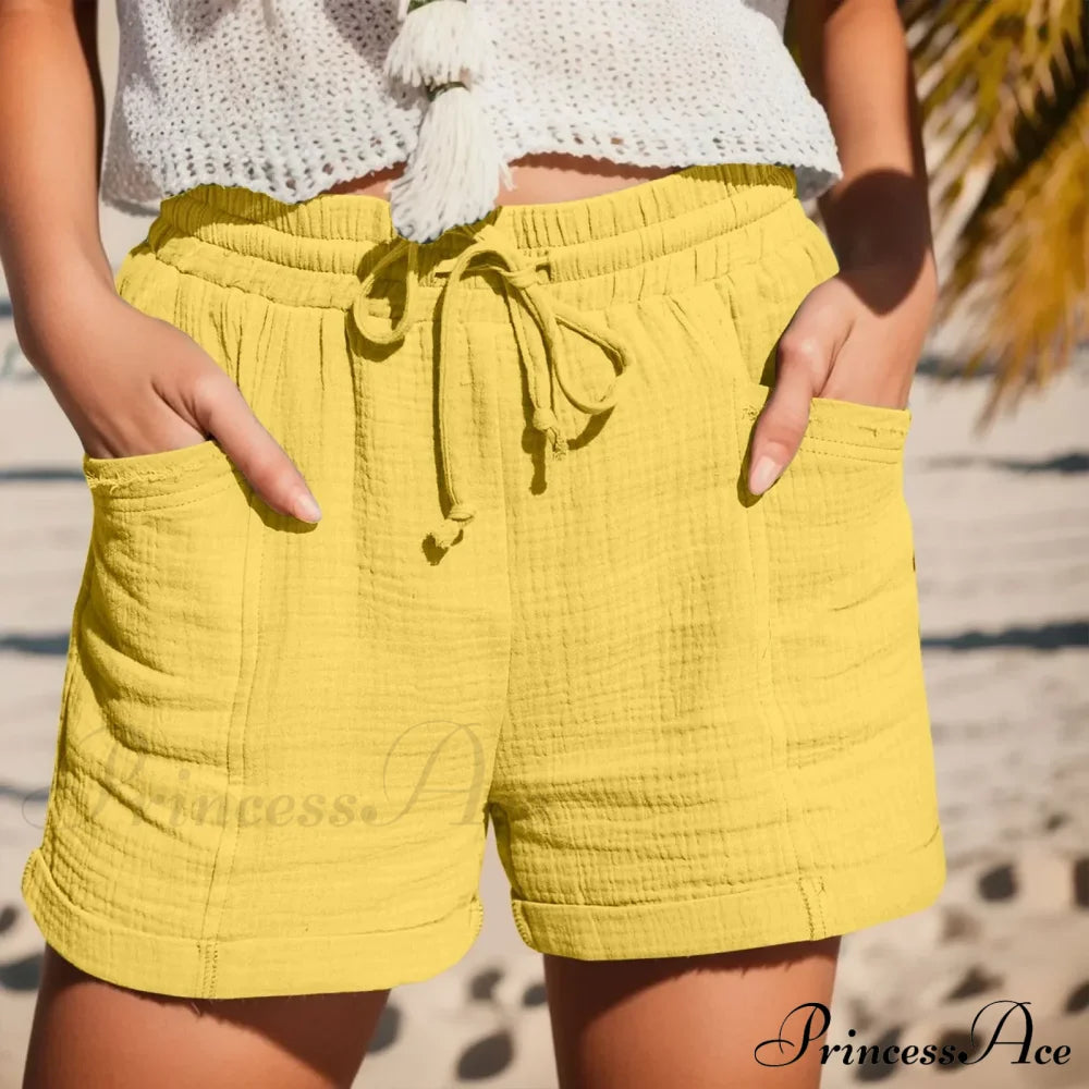 Elastic Band Cotton Fashion Waist Straight Leg Sport Loose With Drawstring Pockets Short Yellow / S