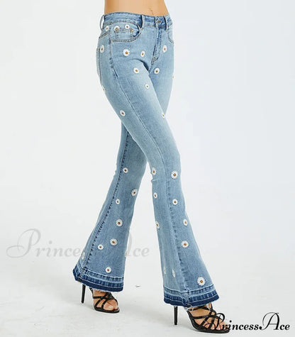 Elastic Flower Embroidered Flare Womens Vintage Skinny Spring Autumn Denim Retro Style Bell Bottom