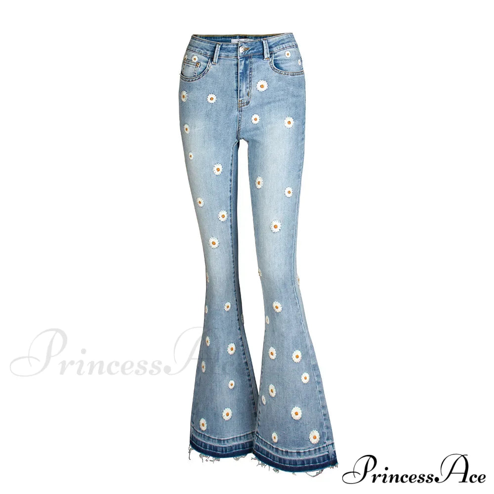 Elastic Flower Embroidered Flare Womens Vintage Skinny Spring Autumn Denim Retro Style Bell Bottom