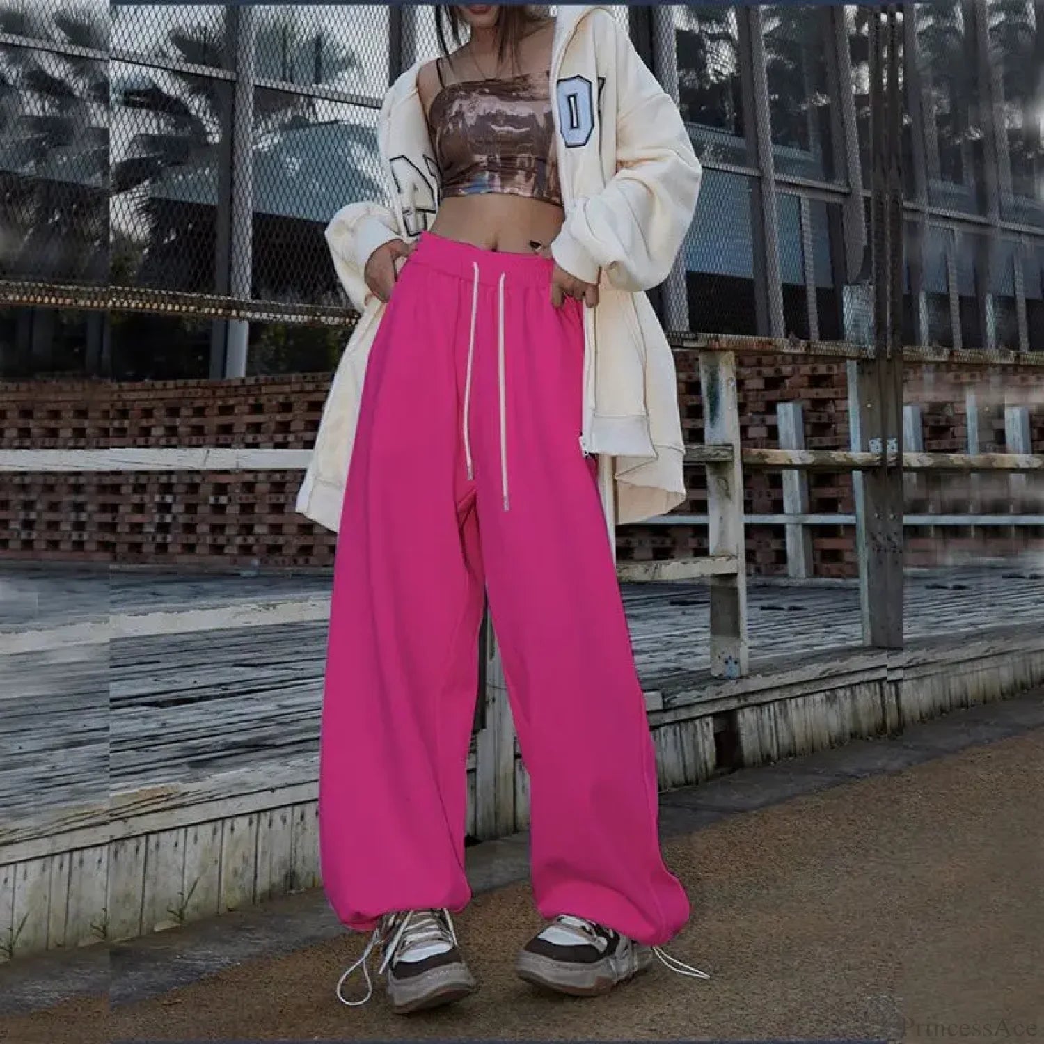 Elastic High Waist Dance Pants Rose Red / S