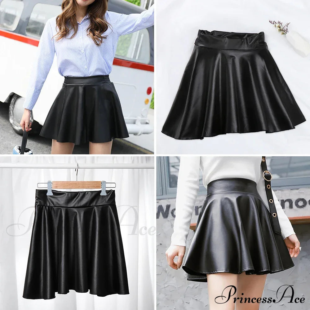 Elastic High Waist Faux Leather Skater Comfortable Stylish Chic Mini Skirt