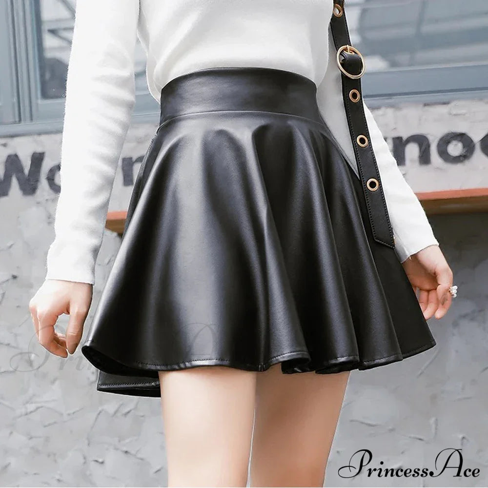 Elastic High Waist Faux Leather Skater Comfortable Stylish Chic Mini Skirt