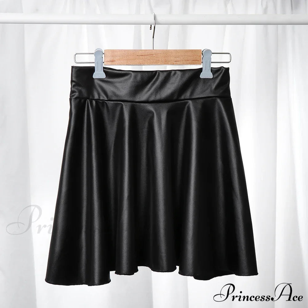 Elastic High Waist Faux Leather Skater Comfortable Stylish Chic Mini Skirt