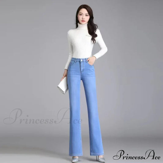 Elastic High Waist Woman Flare 2024 New Korean Fashion Clothing Pockets Slim Denim Solid Casual Jean