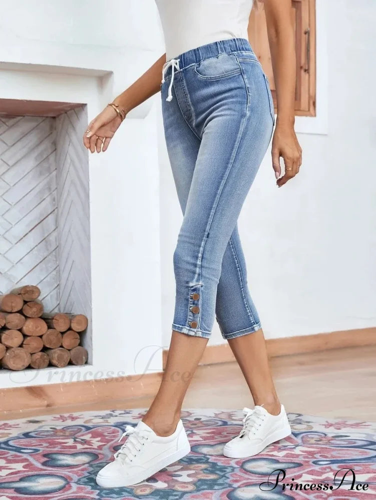 Elastic Waist Calf-Length Summer Casual Skinny Fashion High Slim Jean