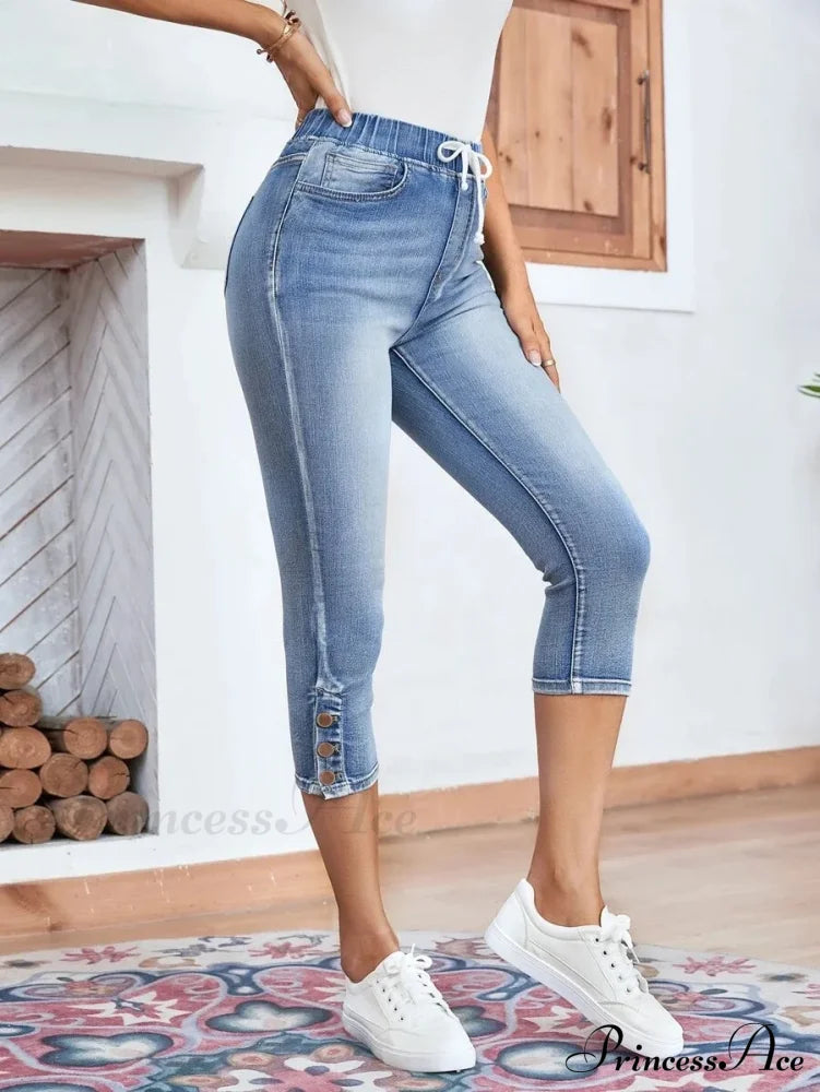 Elastic Waist Calf-Length Summer Casual Skinny Fashion High Slim Jean