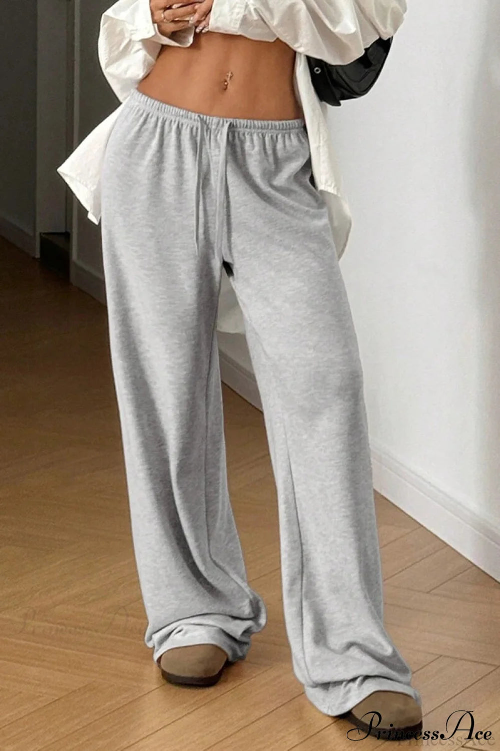 Elastic Waist Drawstring Wide Leg Pants Grey / S