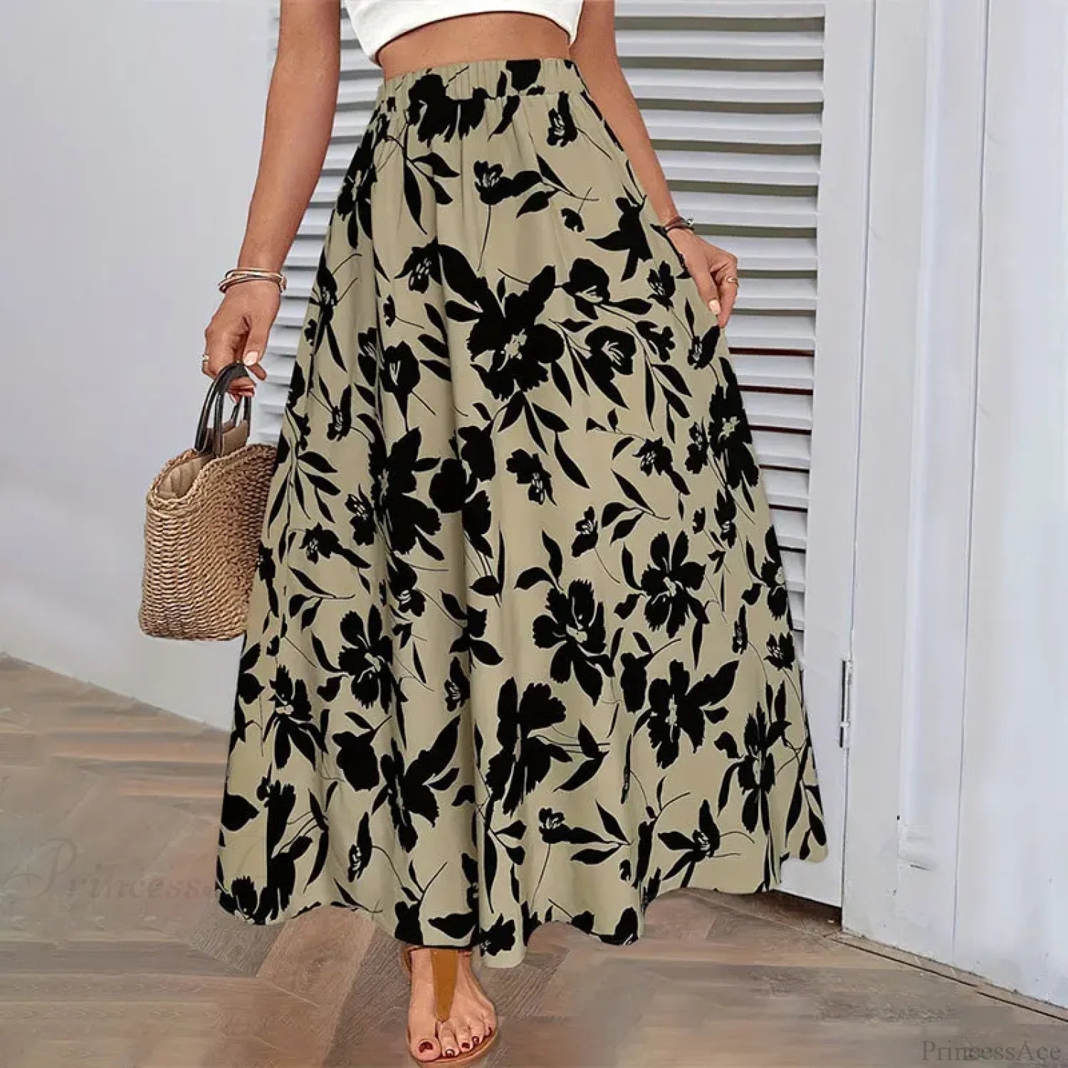 Elastic Waist Flowers Printed Women’s A-line Skirt Summer Elegant skirt-250126