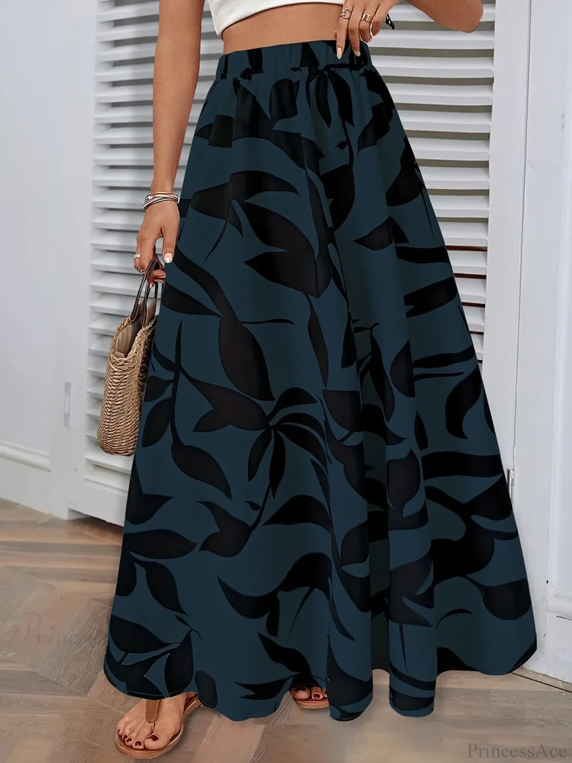 Elastic Waist Flowers Printed Women’s A-line Skirt Summer Elegant Blue / S skirt-250126