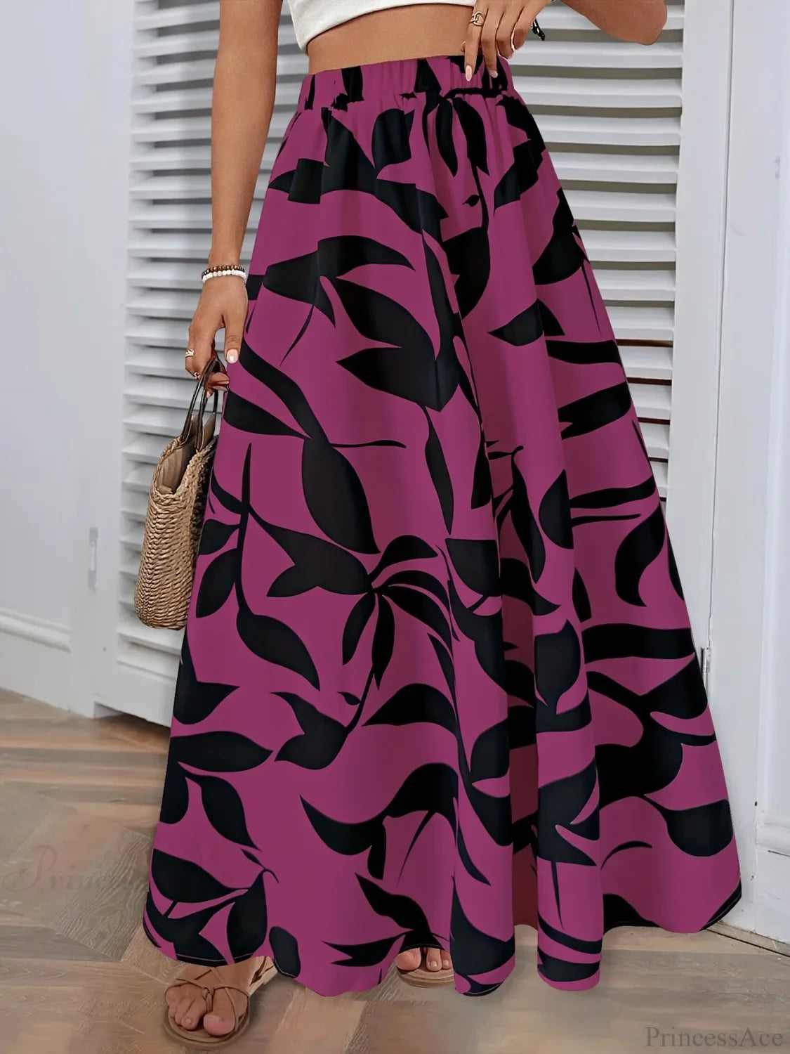 Elastic Waist Flowers Printed Women’s A-line Skirt Summer Elegant rose red / S skirt-250126