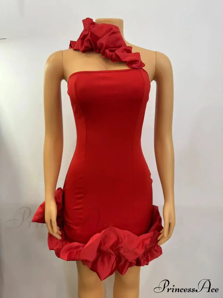 Elegant A-Line Backless One-Shoulder Red Christmas Party Dress Dresses-L