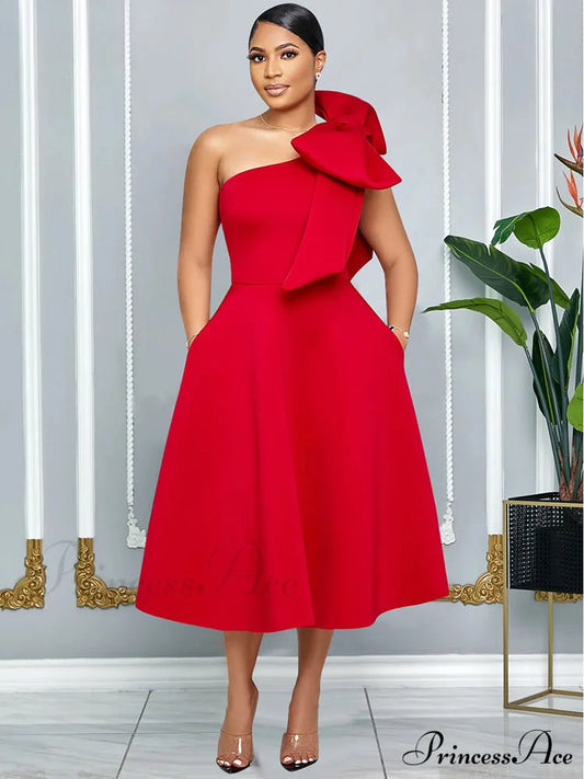 Elegant A Line Pleated One Shoulder Bow Red Christmas Party Dress Red / S Dresses-L