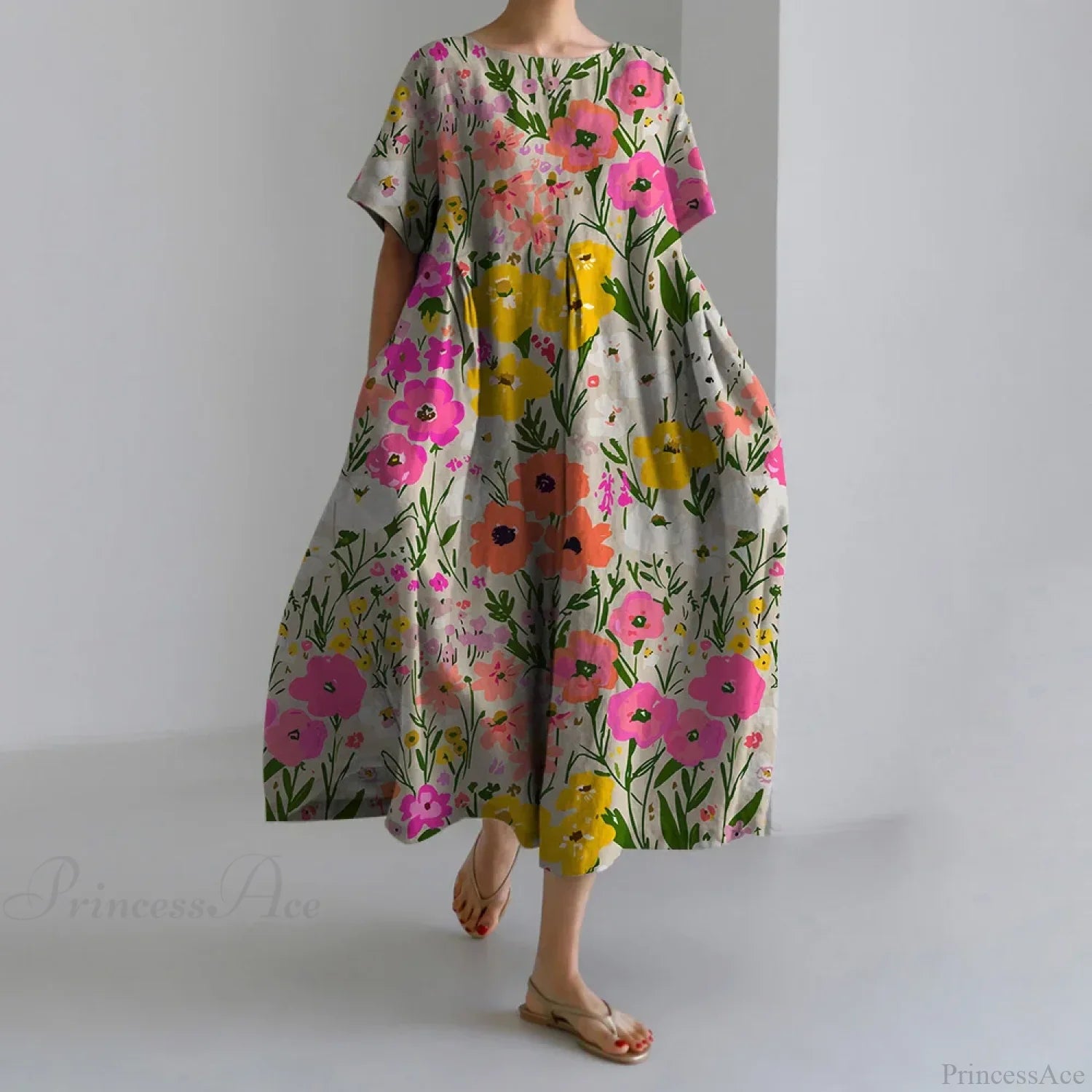 Elegant Autumn Retro Floral Print Round Neck Evening Dress red1 / S oldfloraldress-250126