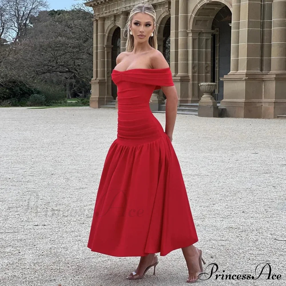 Elegant Backless Patchwork Long Red Sleeveless Bandeau Solid Pleated Wide Skirt Christmas Party