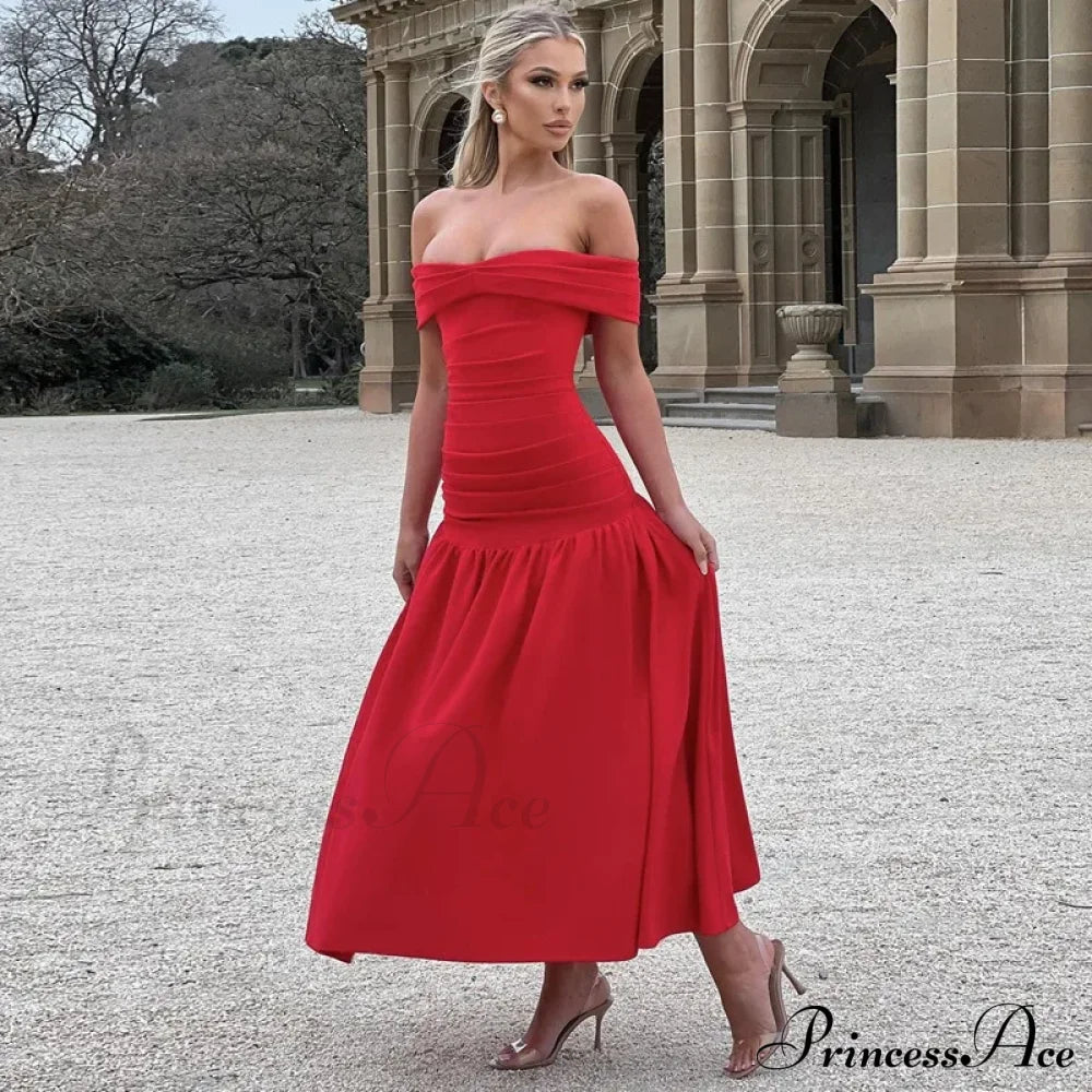 Elegant Backless Patchwork Long Red Sleeveless Bandeau Solid Pleated Wide Skirt Christmas Party