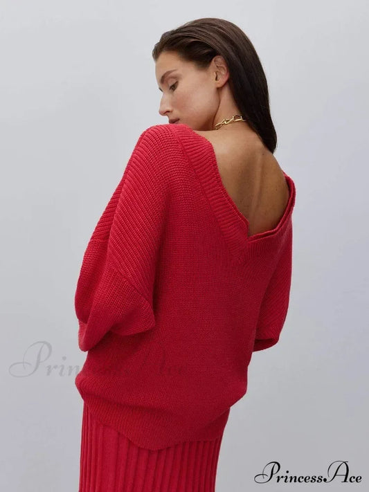 Elegant Backless Sexy Cut Out Long Sleeve Casual Christmas Sweater Red / S Sweaters-L