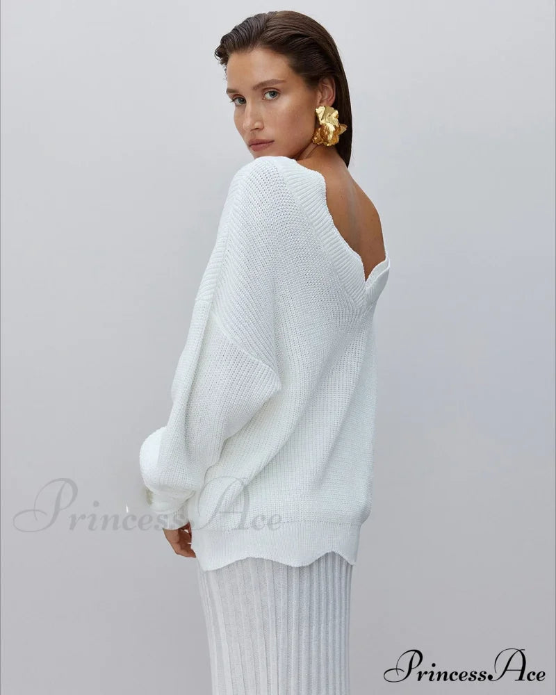 Elegant Backless Sexy Cut Out Long Sleeve Casual Christmas Sweater White / S Sweaters-L