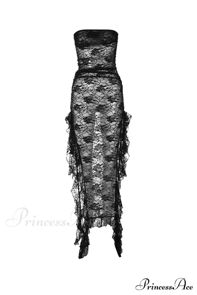 Elegant Black Lace Floral Ribbon Strapless Dress With Slit Midi Dresses