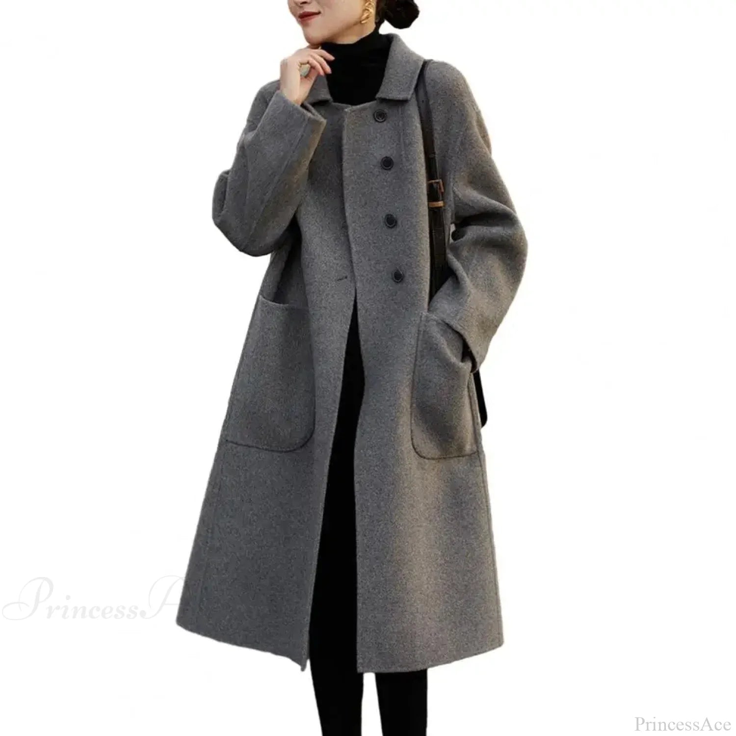 Elegant Black O-neck Puff Sleeve Overcoat