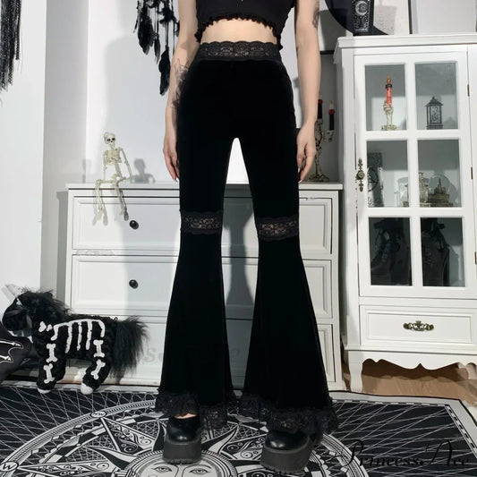 Elegant Black Velvet Flare Halloween Pants 1 / S