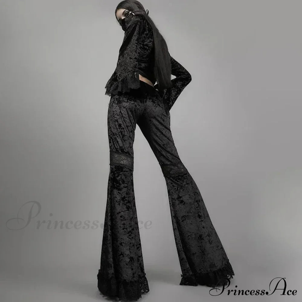 Elegant Black Velvet Flare Halloween Pants