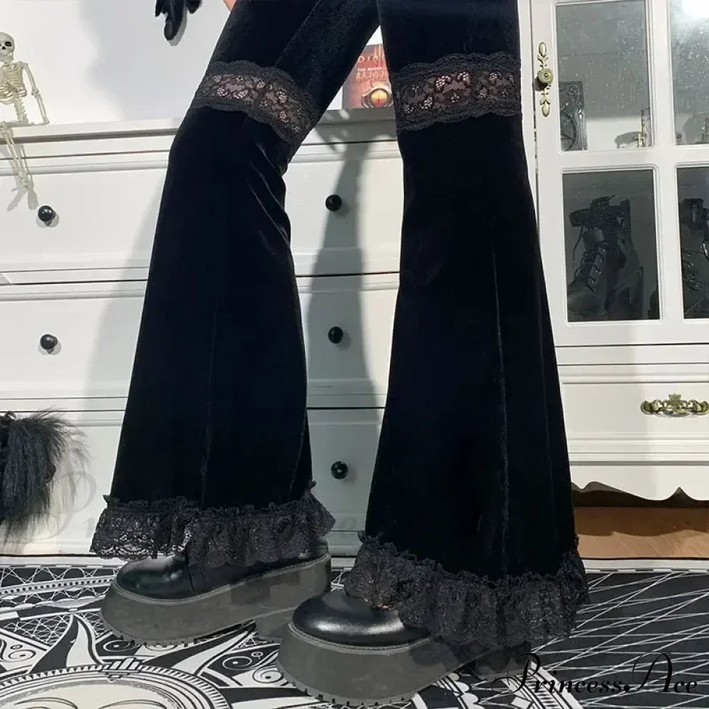 Elegant Black Velvet Flare Halloween Pants