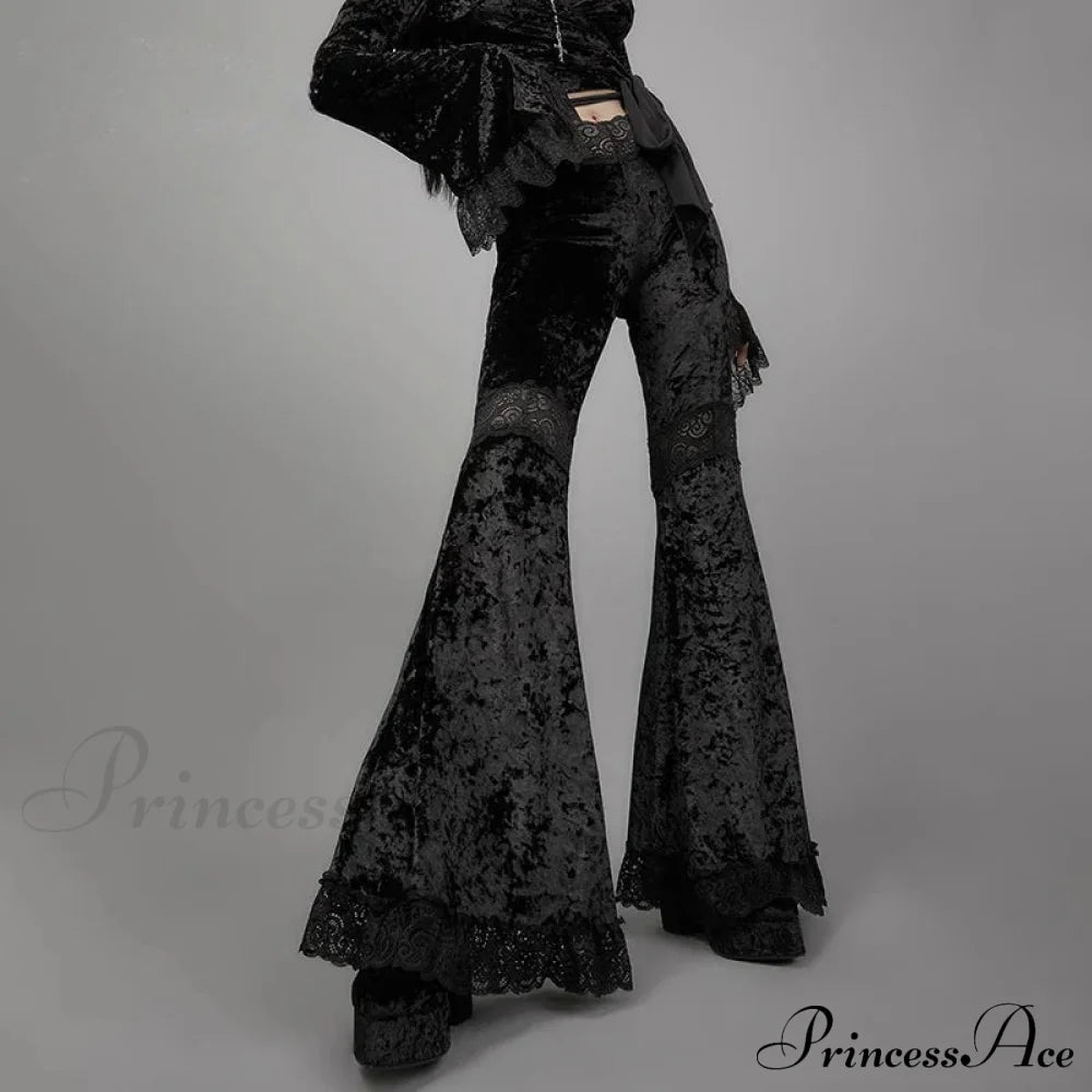 Elegant Black Velvet Flare Halloween Pants