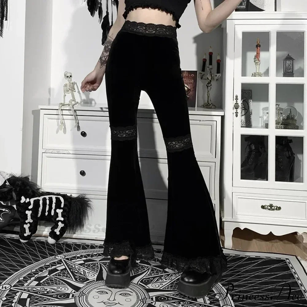 Elegant Black Velvet Flare Halloween Pants