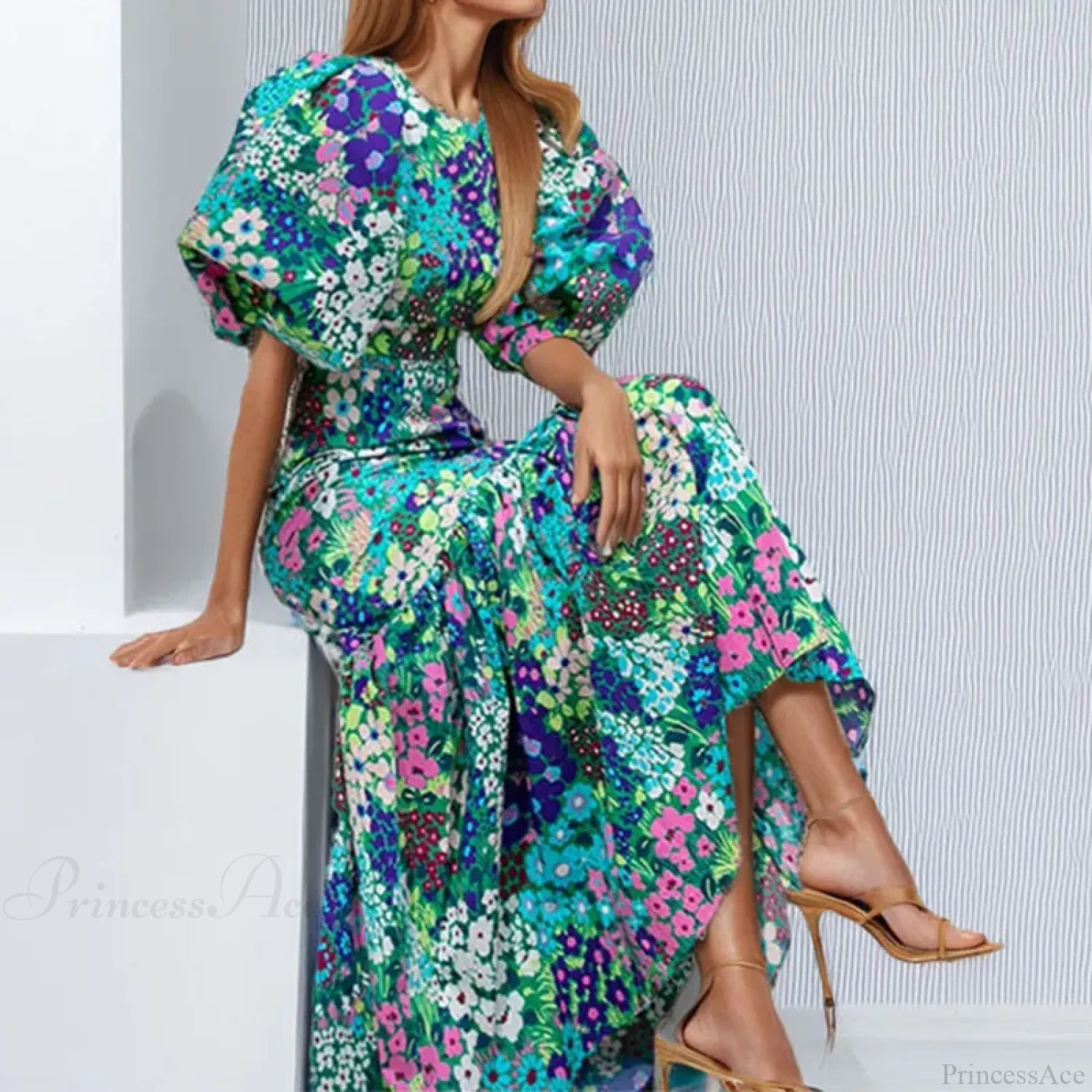 Elegant Blue Floral Lantern Sleeve Dress oldfloraldress-250126