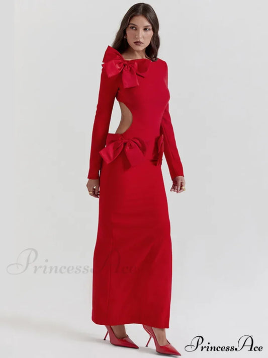 Elegant Bow Backless Sexy Chic Maxi Christmas Party Dress Dresses-L