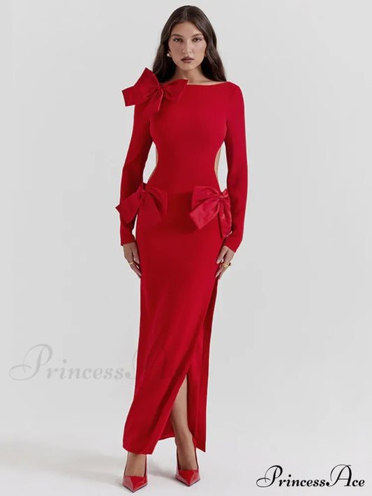 Elegant Bow Backless Sexy Chic Maxi Christmas Party Dress Red / S Dresses-L