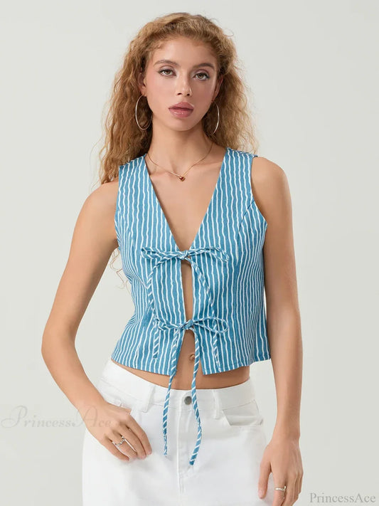 Elegant Bow Tied Front Striped Sleeveless V-neck Crop Tank Blue / S croptop-250126