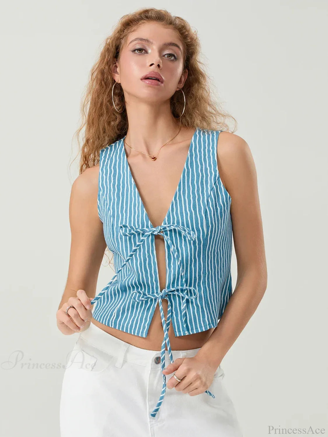 Elegant Bow Tied Front Striped Sleeveless V-neck Crop Tank croptop-250126
