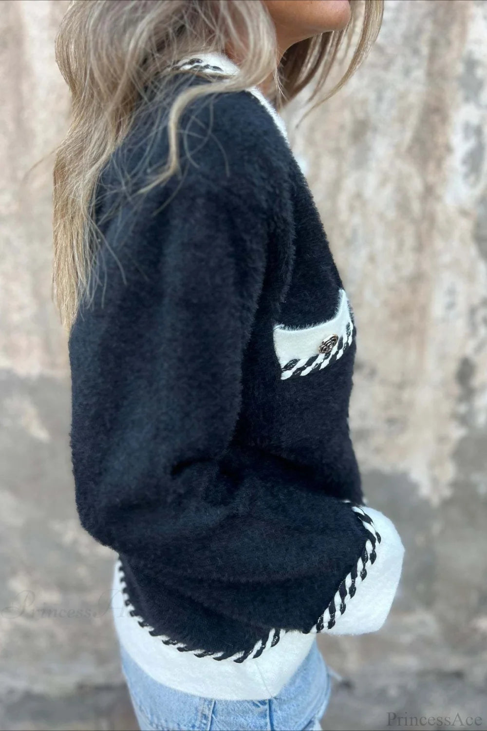 Elegant Chic Color Block Button Pocket Wool Coat