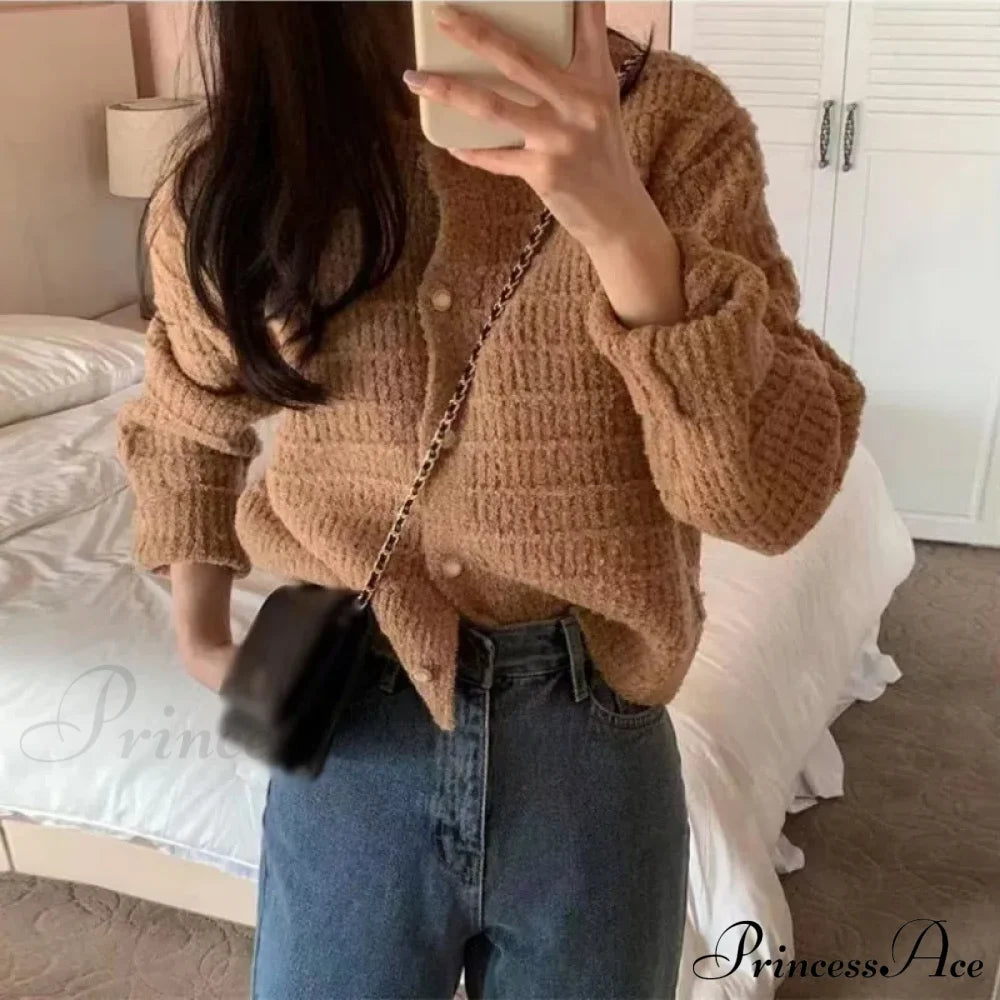 Elegant Cozy Tweed Knitted Loose Casual Solid Color Comfortable All-Match Sweater Sweaters-L