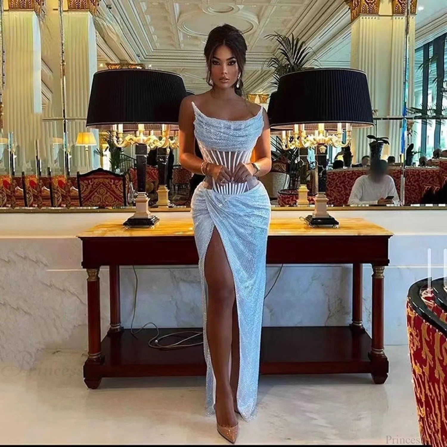 Elegant Crystal Beaded Backless Dress Party Prom Dress blue / XS promdress-250223